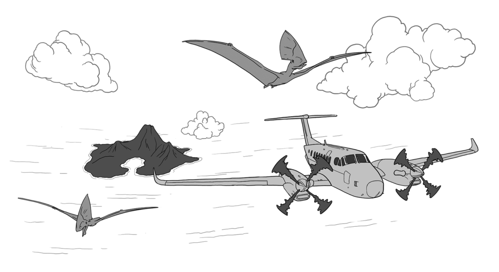 Avion quittant l'Ã®le, entourÃ© de dinosaures