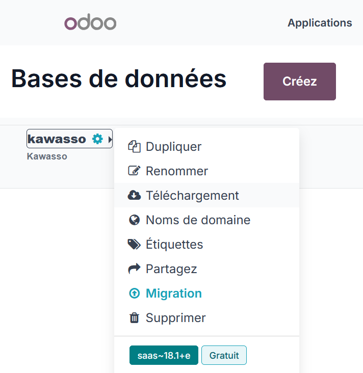 Capture d'écran du panneau d'administration des bases de donnée d'Odoo