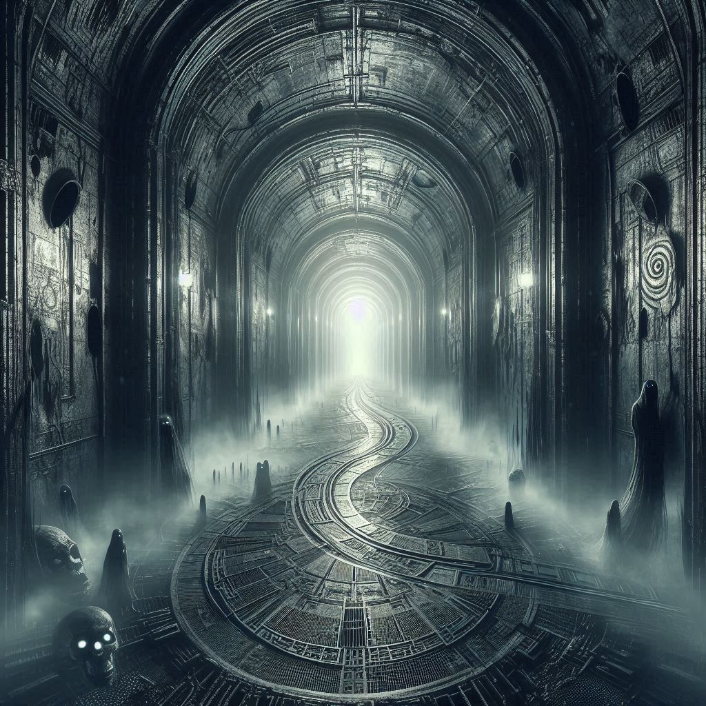 dark sewers crossroad in a warp dimension with ghost shadows lurking and a thick fog in a fantasy style