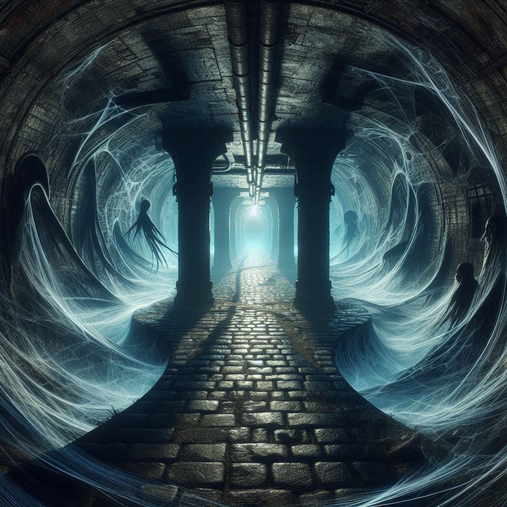 dark sewers crossroad in a warp dimension with ghost shadows lurking in a fantasy style