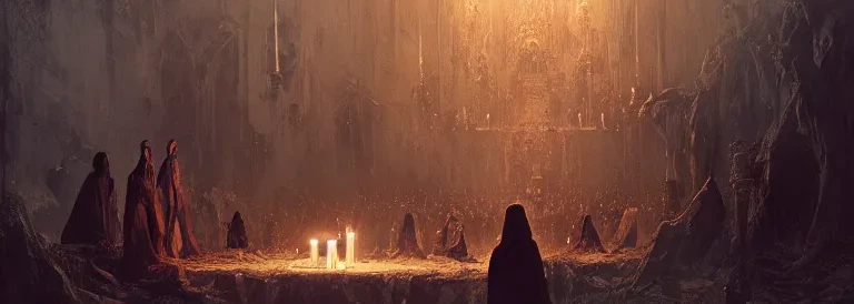 people from cult worshipping demons, lit by candles, abandoned by gods, hyperdetailed artstation cgsociety by greg rutkowski and by Gustave Dore